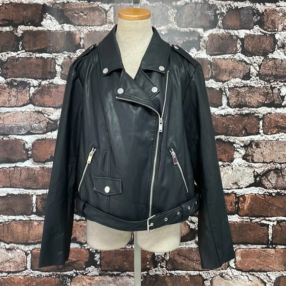 Eloquii Faux Leather Jacket Moto Zipper Belt Black Size 10 - Picture 7 of 14